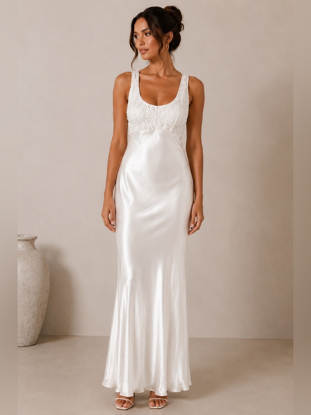 Vintage Cache Off-White Satin Maxi Dress | Small | Crinkled Bodice | Formal